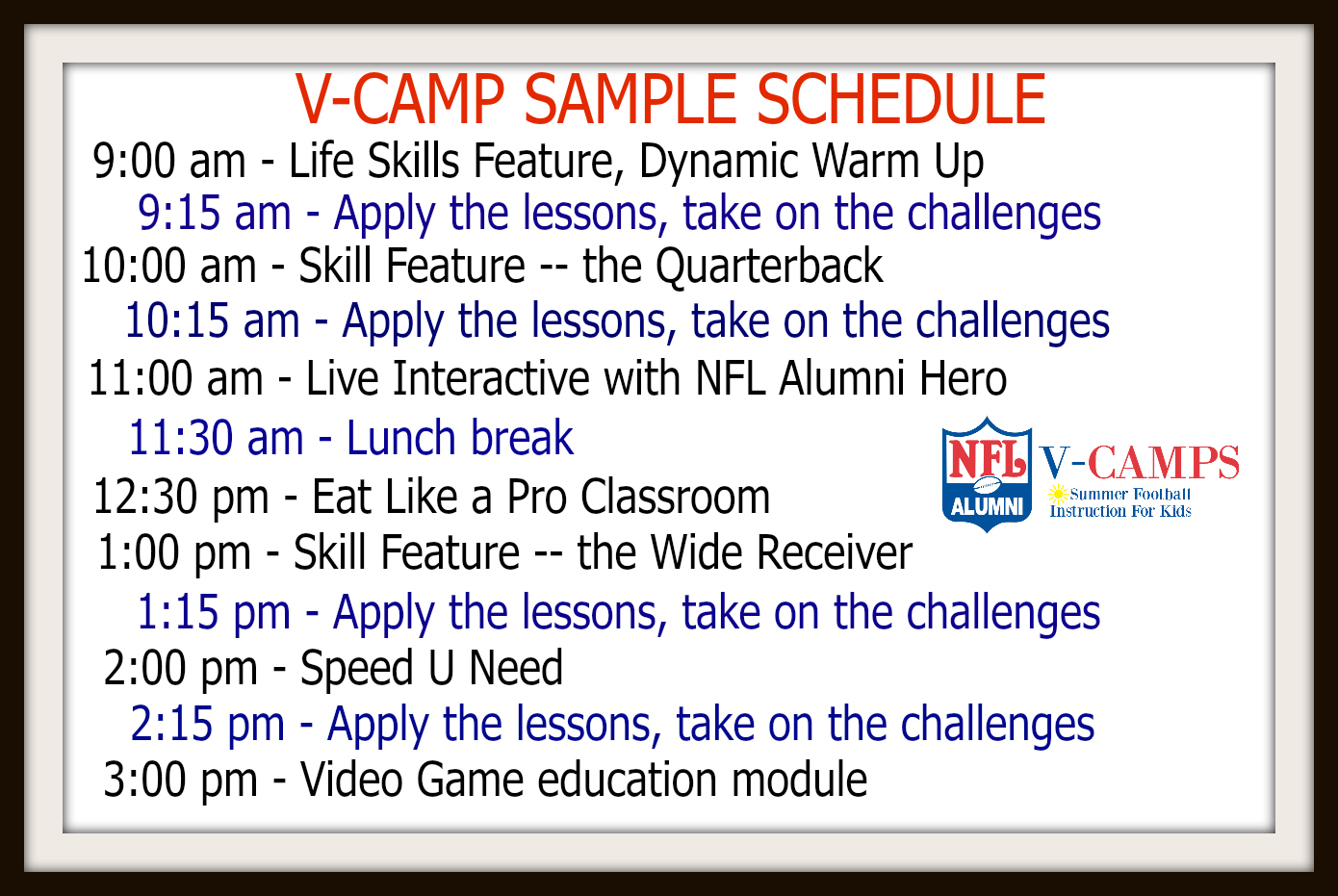 Schedule, VCamp Pro Sports Experience